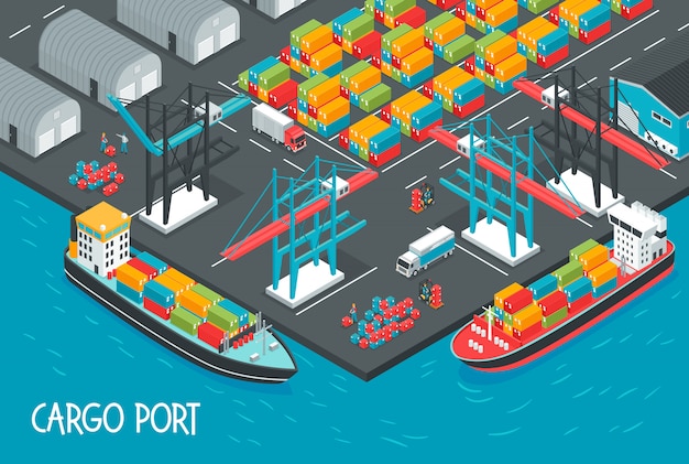 Puerto marítimo con buques de carga llenos de cajas y contenedores ilustración isométrica