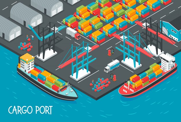 Puerto marítimo con buques de carga llenos de cajas y contenedores ilustración isométrica
