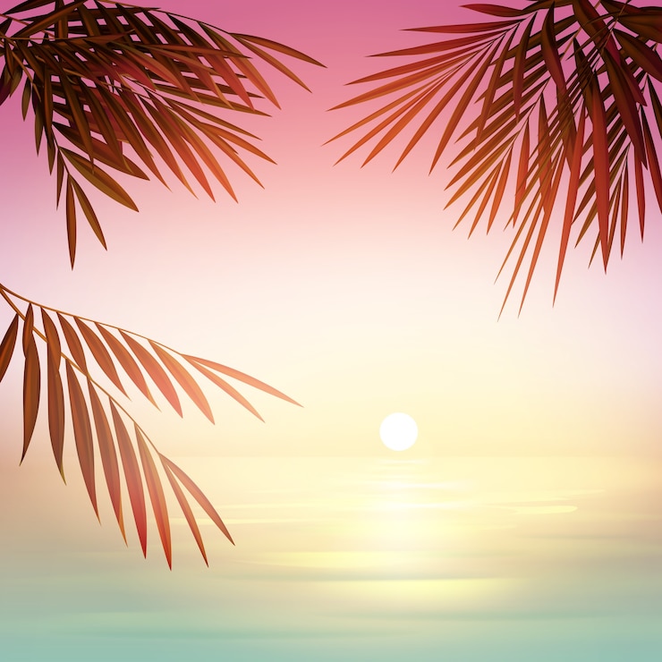 Vector gratuito puesta de sol de desenfoque rosa vector con sol, mar azul y hojas de palma siluetas