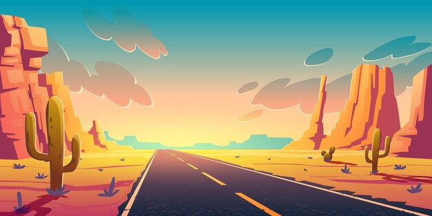Puesta de sol en el desierto con carretera, cactus y rocas