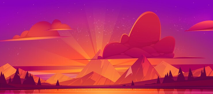 Vector gratuito puesta de sol en el paisaje del paisaje de las montañas, vista de la naturaleza