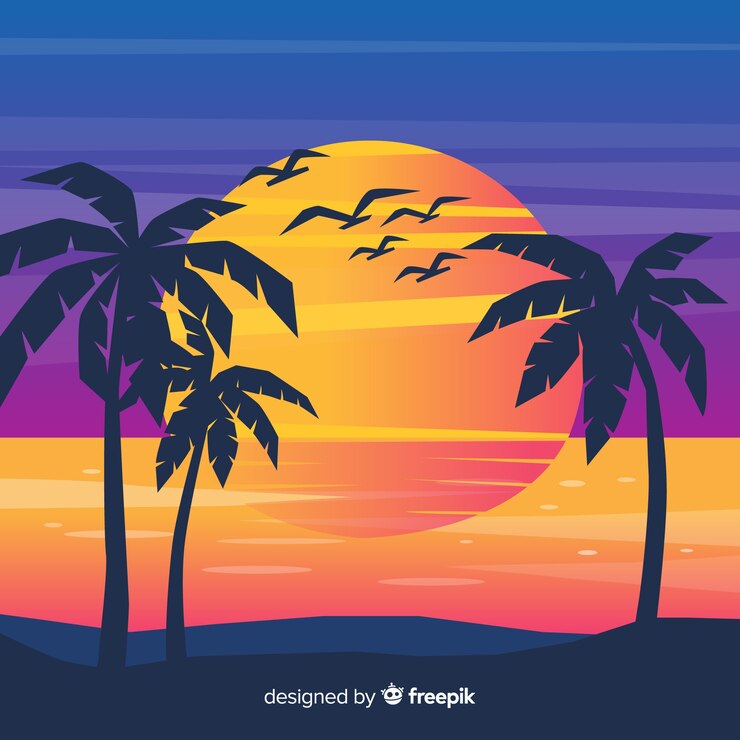 Vector gratuito puesta de sol en la playa con silueta de palmeras
