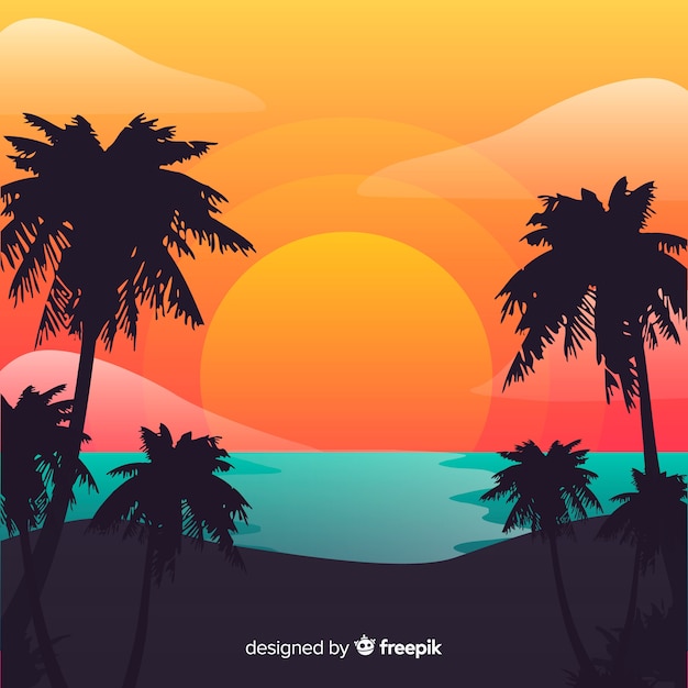 Puesta de sol en la playa con silueta de palmeras