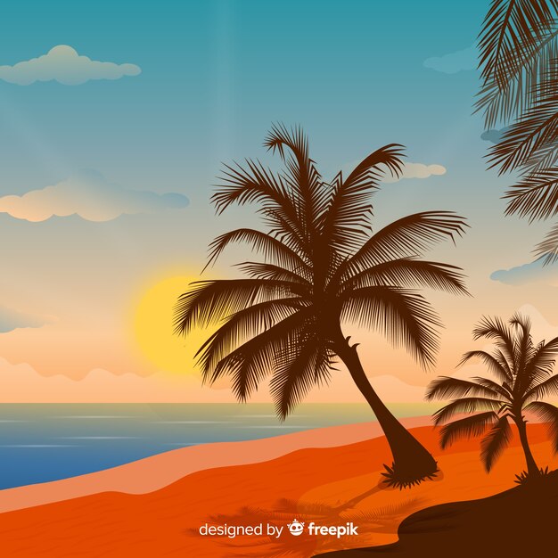 Puesta de sol en la playa con silueta de palmeras