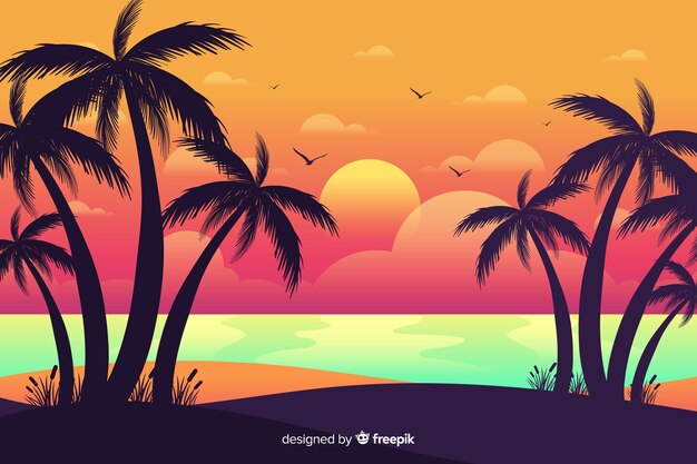 Puesta de sol en la playa con silueta de palmeras