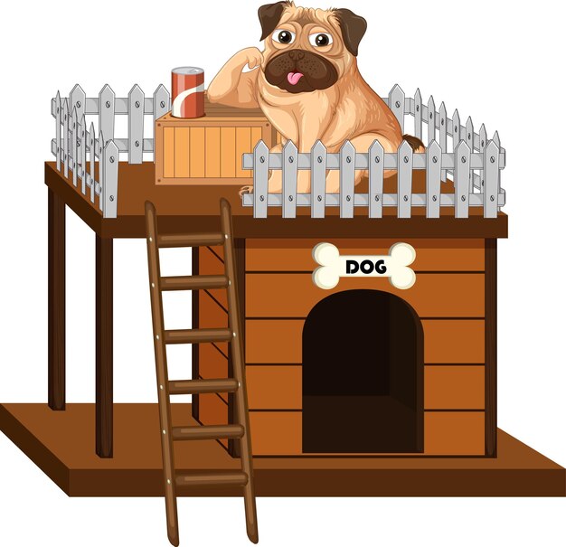 Pug sentado en el techo de la caseta del perro