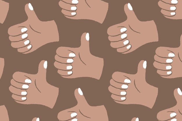 Pulgares arriba fondo, patrón de doodle de mano en vector marrón