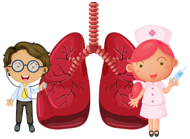 Vector gratuito pulmones con un médico y un personaje de dibujos animados de enfermera