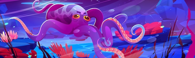 Pulpo animal submarino con piel rosada en el fondo del mar con corales y algas marinas Monstruo legendario Kraken con largos tentáculos océano vida silvestre criatura agua personaje Dibujos animados vector ilustración
