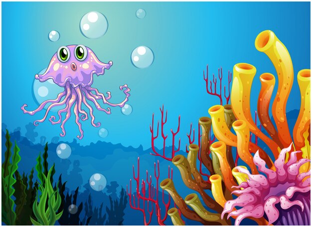 Un pulpo y los arrecifes de coral bajo el mar.