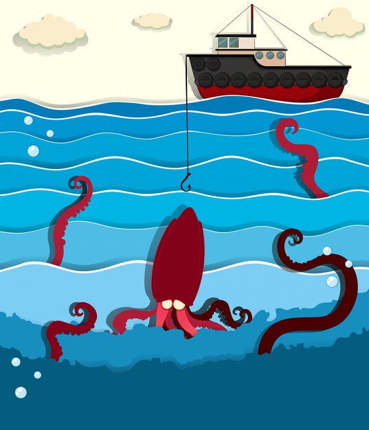 Pulpo gigante y bote de pesca