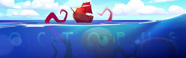 Pulpo gigante, kraken legendario monstruo del folclore escandinavo que intenta derribar un barco de madera que estira tentáculos sobre la superficie del agua del océano, personaje de fantasía espeluznante, ilustración vectorial de dibujos animados