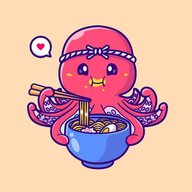 Pulpo lindo comiendo ilustración de icono de vector de dibujos animados de fideos ramen. concepto de icono de alimento animal aislado