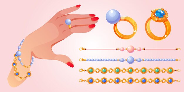 Pulseras o collares con cuentas y anillos con gemas