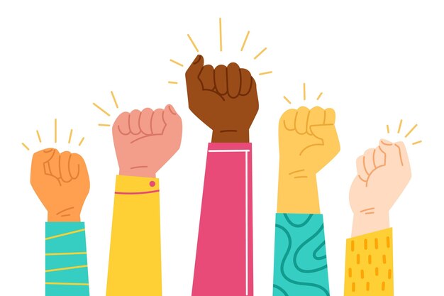 Puños levantados multirraciales ilustrados