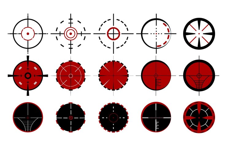 Vector gratuito puntuaciones de francotirador o conjunto de ilustración de dibujos animados de punto de mira. visor de pistola o pistola, mira telescópica sobre fondo blanco. arma, caza, precisión, objetivo, puntería, vista, concepto de disparo