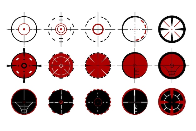 Puntuaciones de francotirador o conjunto de ilustración de dibujos animados de punto de mira. Visor de pistola o pistola, mira telescópica sobre fondo blanco. Arma, caza, precisión, objetivo, puntería, vista, concepto de disparo