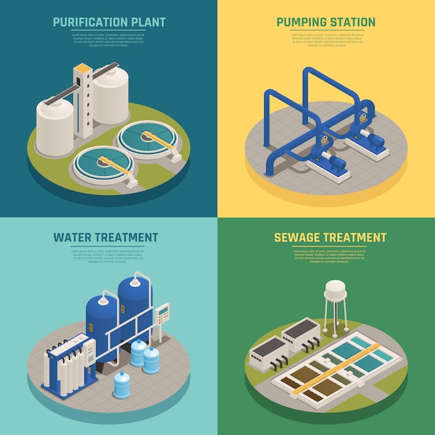 Vector gratuito purificación de aguas residuales composición isométrica cuadrado