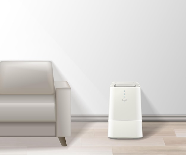 Purificador de aire moderno para eliminar el polvo y limpiar el aire en la sala de estar junto al sofá ilustración vectorial realista