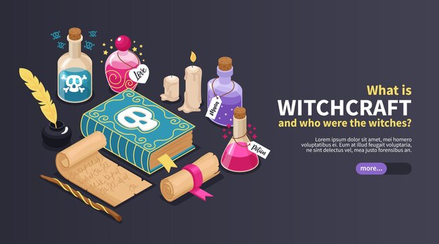¿Qué es el banner horizontal de brujería con manuscritos antiguos y botellas de vidrio para poción mágica?