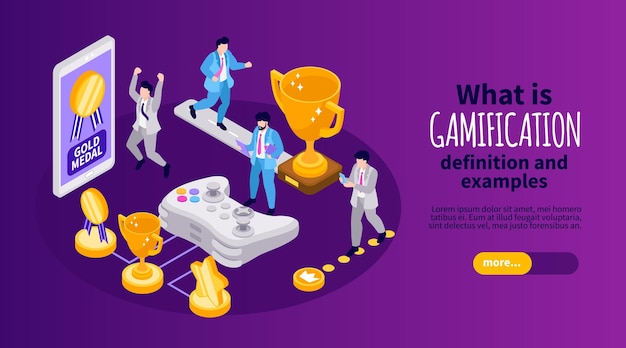 ¿Qué es el banner horizontal isométrico de gamificación con personajes de gente de negocios que juegan juegos en línea y ganan medallas de oro ilustración vectorial 3d