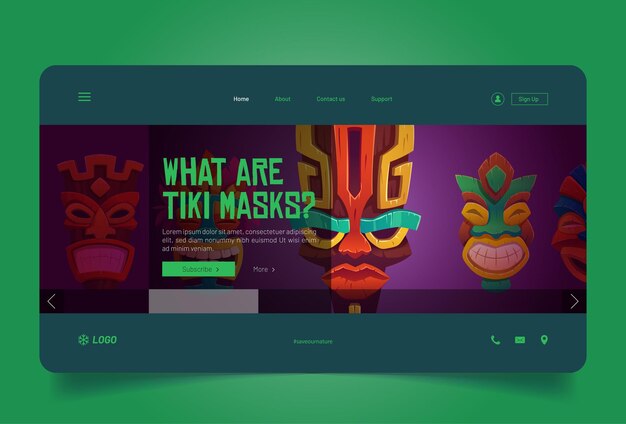 ¿Qué son la página de inicio de dibujos animados de máscaras tiki, tótems tribales de madera, atributos culturales hawaianos, africanos o polinesios, caras aterradoras con boca con dientes, disfraz de madera antigua decorada Vector web banner