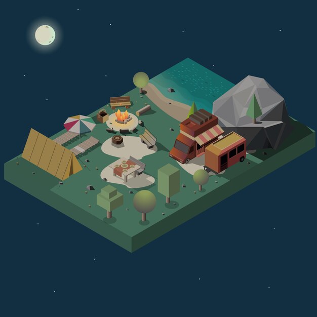 Quédate en la noche en vector isométrica de camping