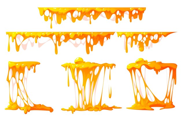Queso derretido que fluye aislado sobre fondo blanco bordes de dibujos animados de vector de queso parmesano caliente o queso cheddar ...