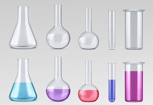 Química tubos de vidrio de medición y vasos conjunto de ilustración vectorial realista de frascos de laboratorio vacíos transparentes y llenos de líquido coloreado Equipo de prueba de laboratorio y cristalería científica