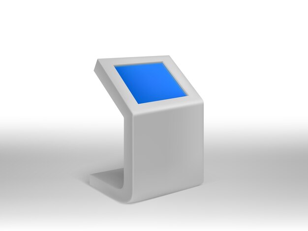 Quiosco de información digital realista en 3D, señalización digital interactiva con pantalla azul en blanco.