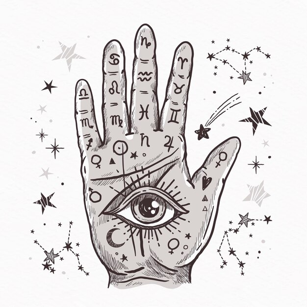 Quiromancia con signos del zodiaco y ojo