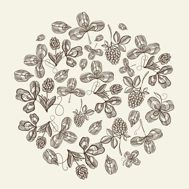 Racimos de patrón de círculo de doodle de lúpulo con la repetición de hermosas bayas en la superficie blanca dibujo a mano ilustración vectorial