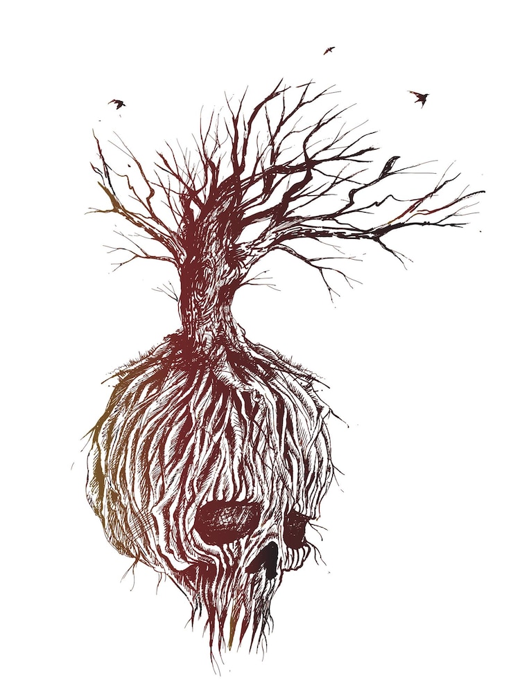 Vector gratuito raíces y ramas de árboles de cráneo fantástico ilustración de vector de boceto dibujado a mano