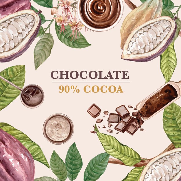 Rama de chocolate cacao árboles acuarela con barra de chocolate, ilustración