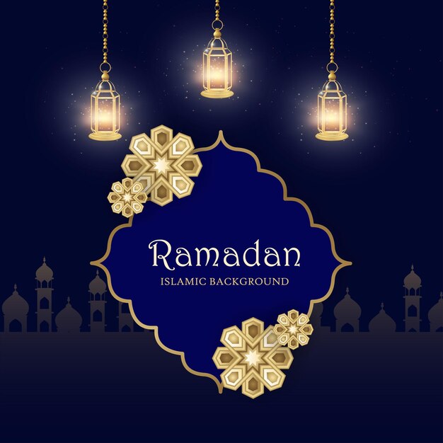 Ramadan Kareem Fondo dorado azul Banner de redes sociales islámicas Vector libre