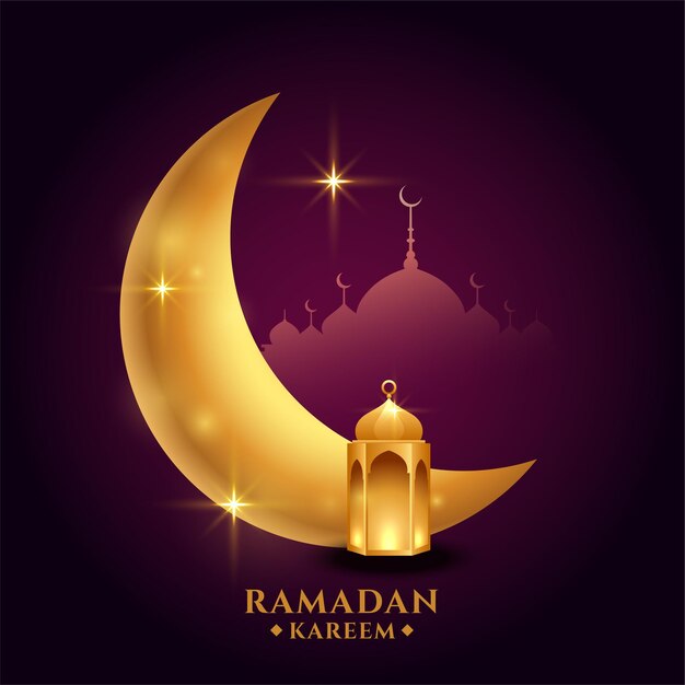 Ramadán kareem con luna dorada y linterna.