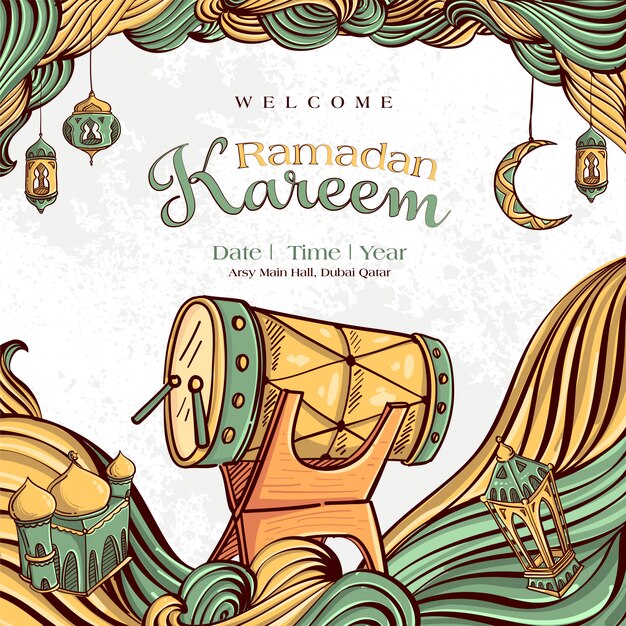 Ramadán Kareem con mano dibujado ornamento ilustración islámica sobre fondo blanco Grunge