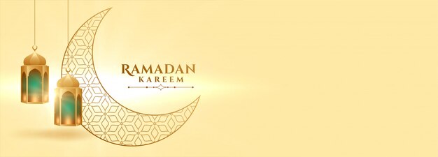 Ramadan kareem moon y linterna islámica banner