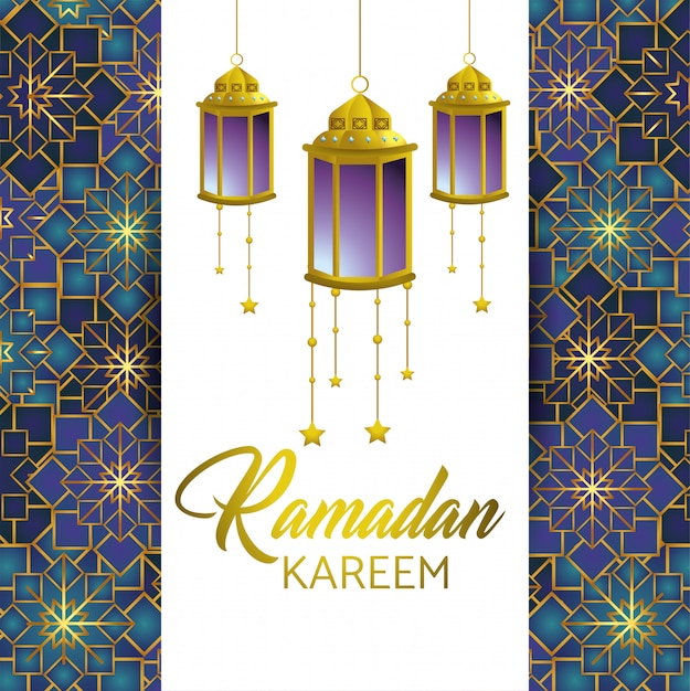 Vector gratuito ramadan kareem y tarjeta con lamparas y estrellas.