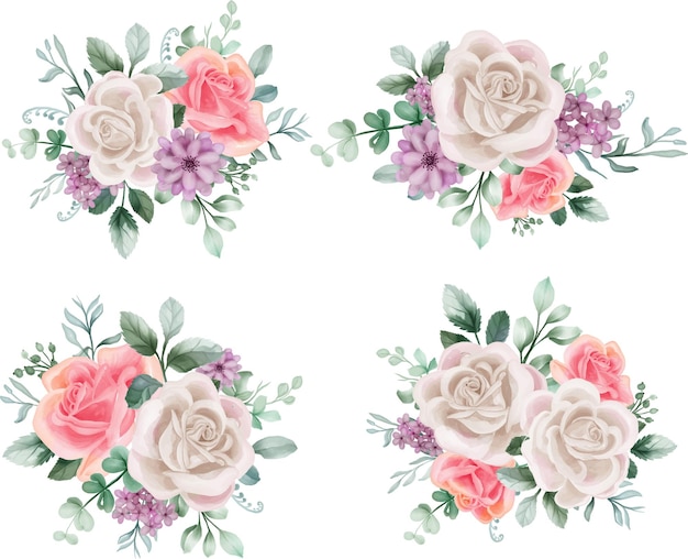 Vector gratuito ramo de arreglo floral de acuarela rosa blanca y rosa elementos florales lujosos botánicos