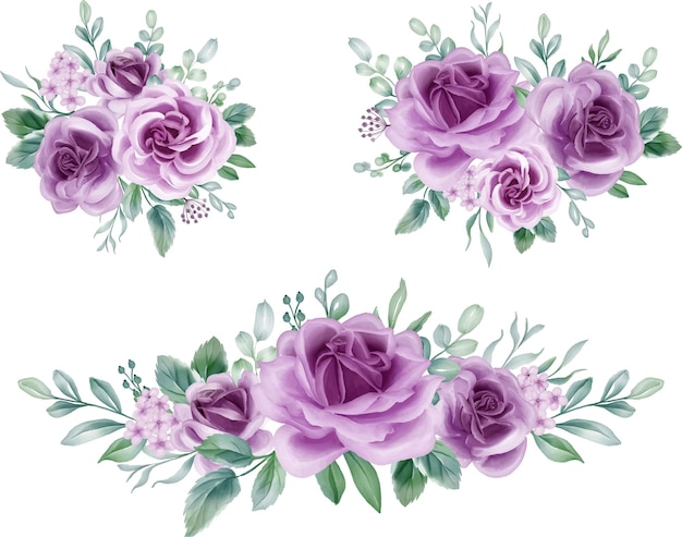 Vector gratuito ramo de arreglo floral de acuarela de rosa púrpura lujosos elementos florales de color lila fondo botánico o diseño de papel tapiz impresiones e invitaciones y postales