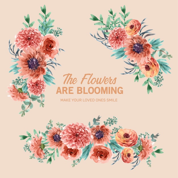 El ramo floral del resplandor de ascua floral del estilo retro con la flor, deja la ilustración de la acuarela.