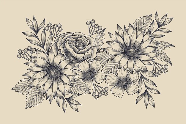 Ramo floral vintage dibujado a mano realista