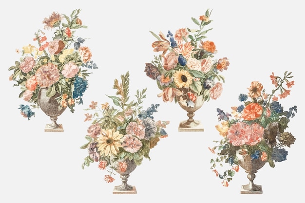 Ramo de flores en florero vector conjunto de ilustración vintage