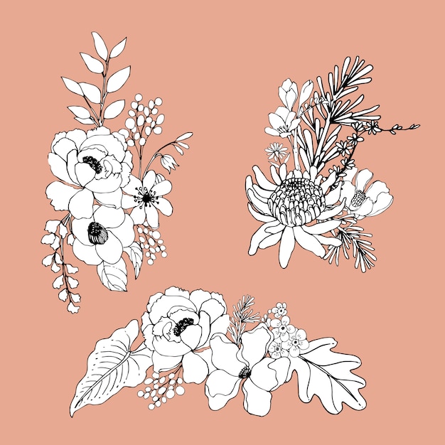 Vector gratuito ramo de flores línea arte tropial. plantas con flores decorativas.