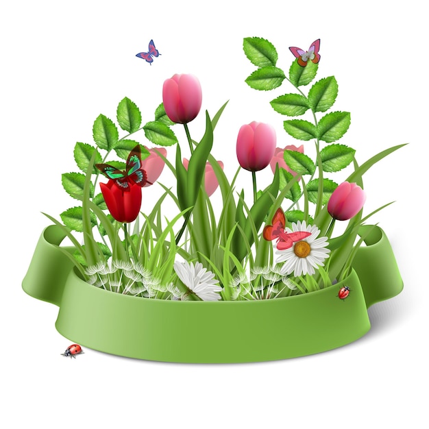 Ramo de flores de primavera de estilo de dibujos animados de vector con cinta verde.