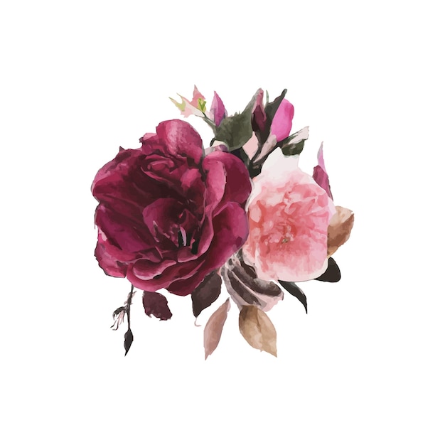 Ramos de marco floral acuarela de rosas y diseño de hojas