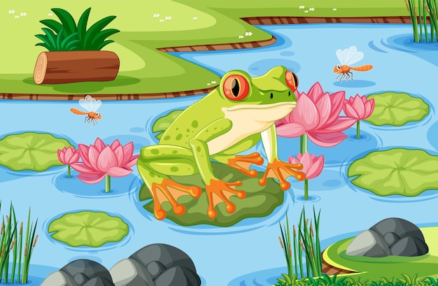 Vector gratuito rana en el lily pad en la escena del estanque