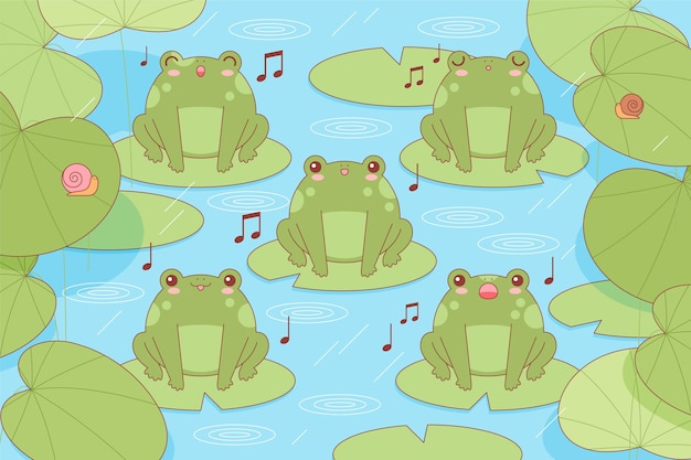 Vector gratuito ranas kawaii cantando sobre nenúfares