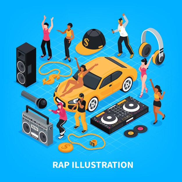 Rap isométrico con cantantes intérpretes amplificador de sonido auriculares radio grabadora cintas decorativas